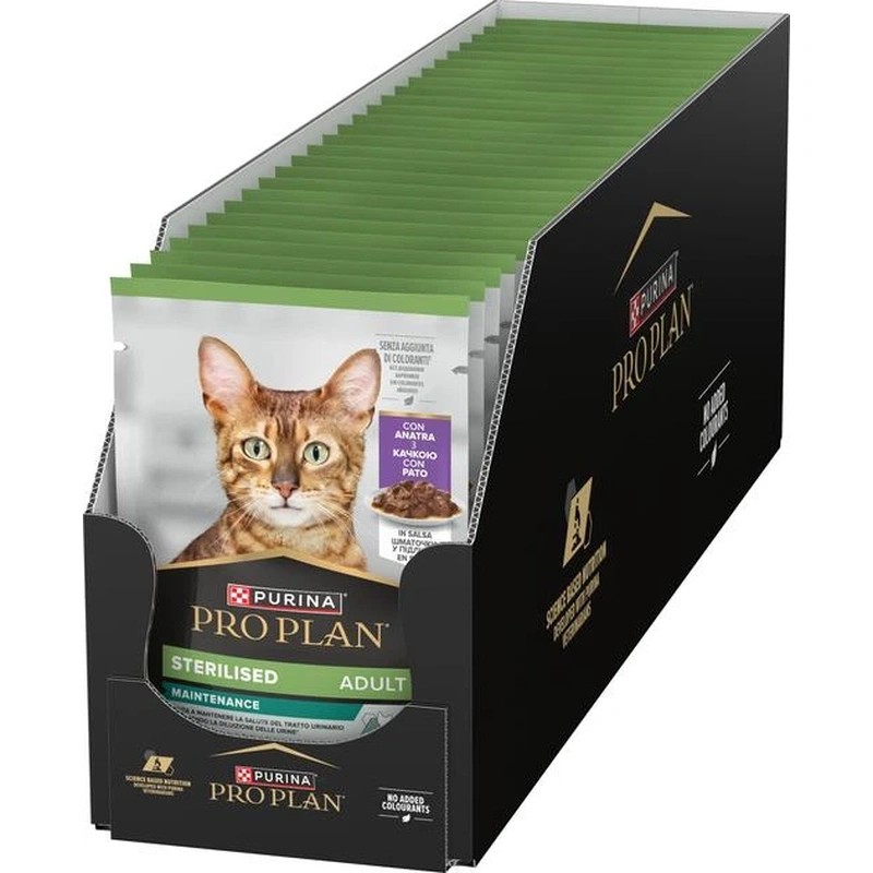 Упаковка вологого корму для дорослих стерилізованих котів Purina Pro Plan Sterilised шматочки у підливці з качкою
